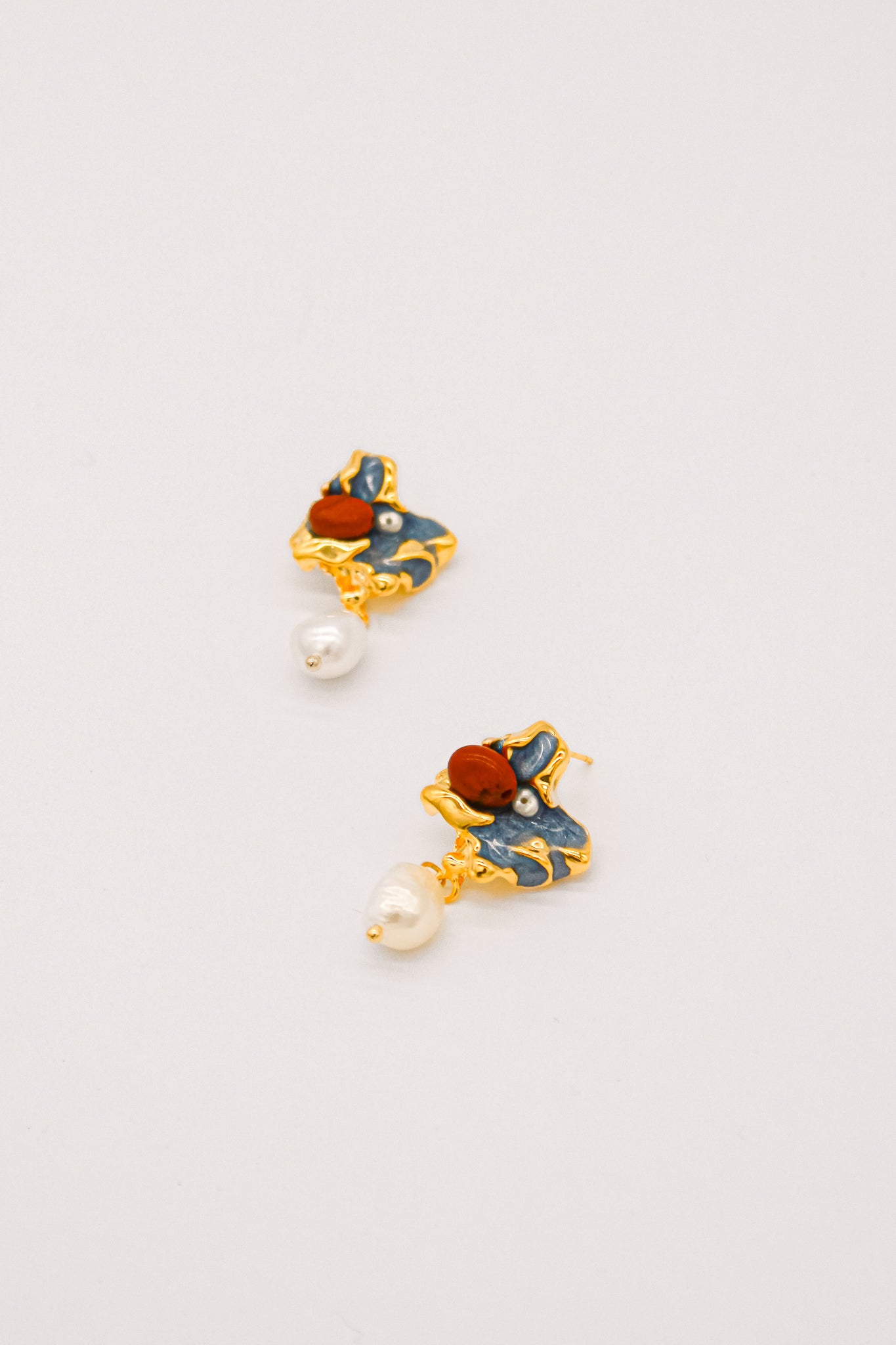 Royal Blue Enamel Floral Pearl Earrings