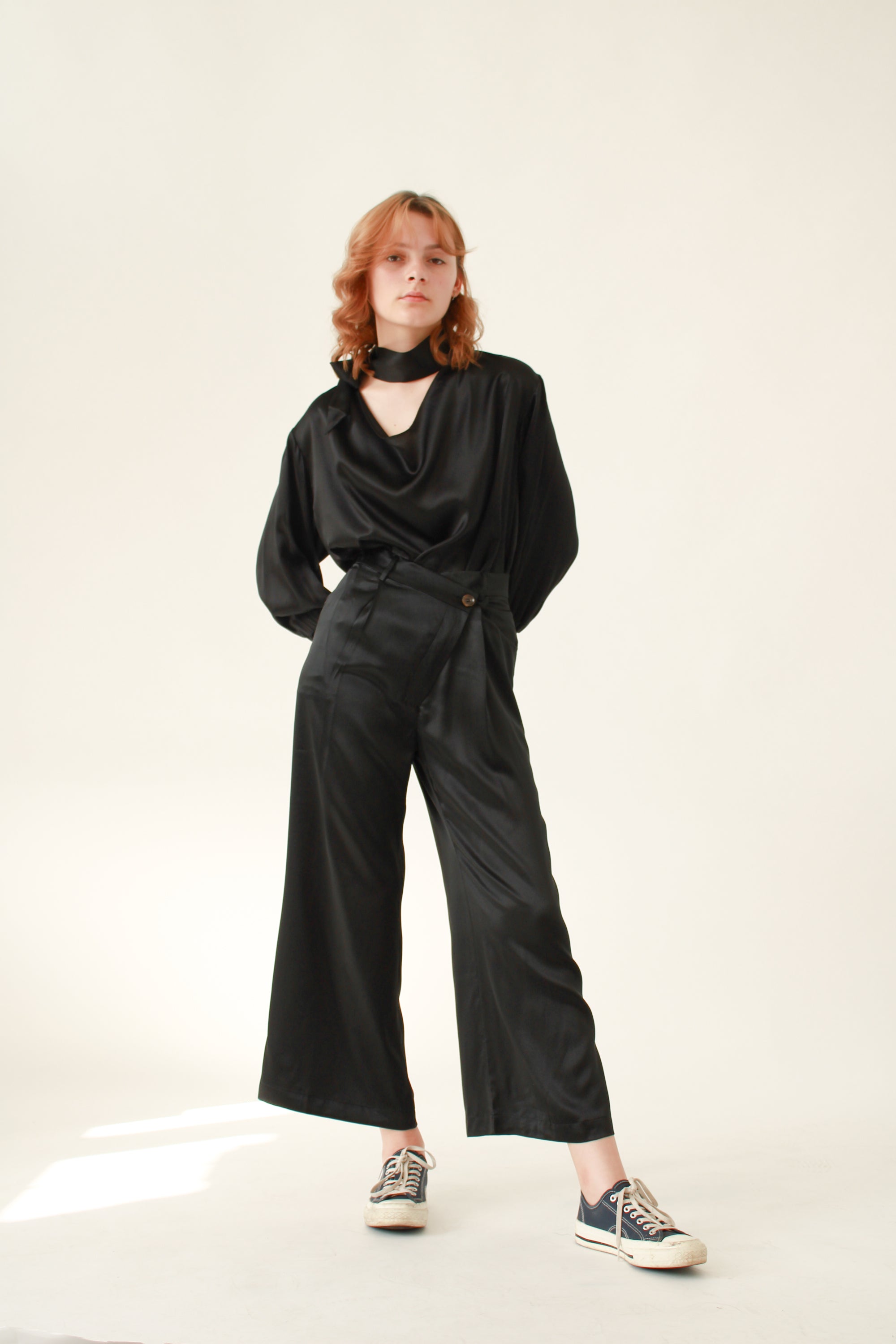 100% Silk Full Length Trousers -Black