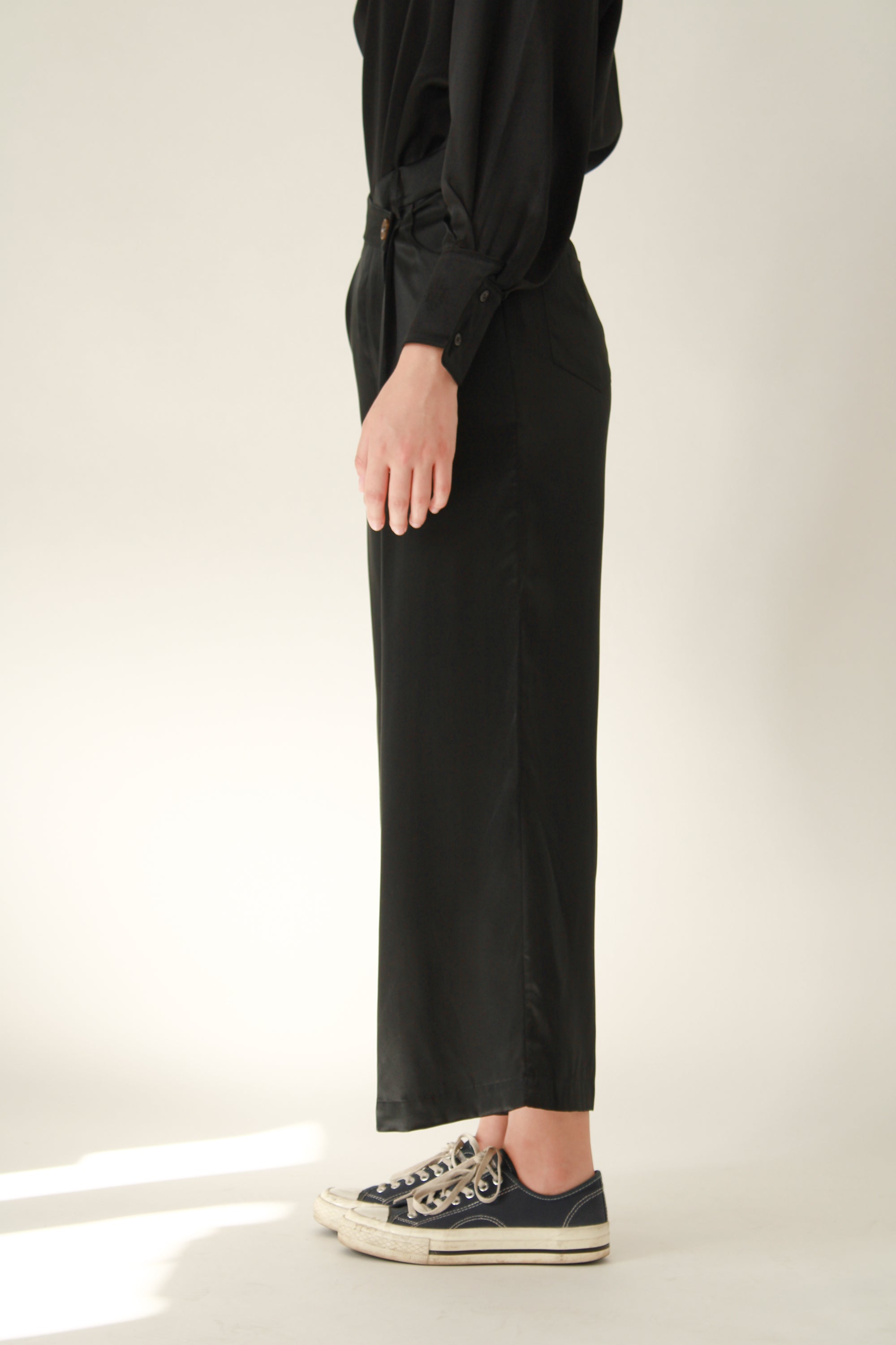 100% Silk Full Length Trousers -Black