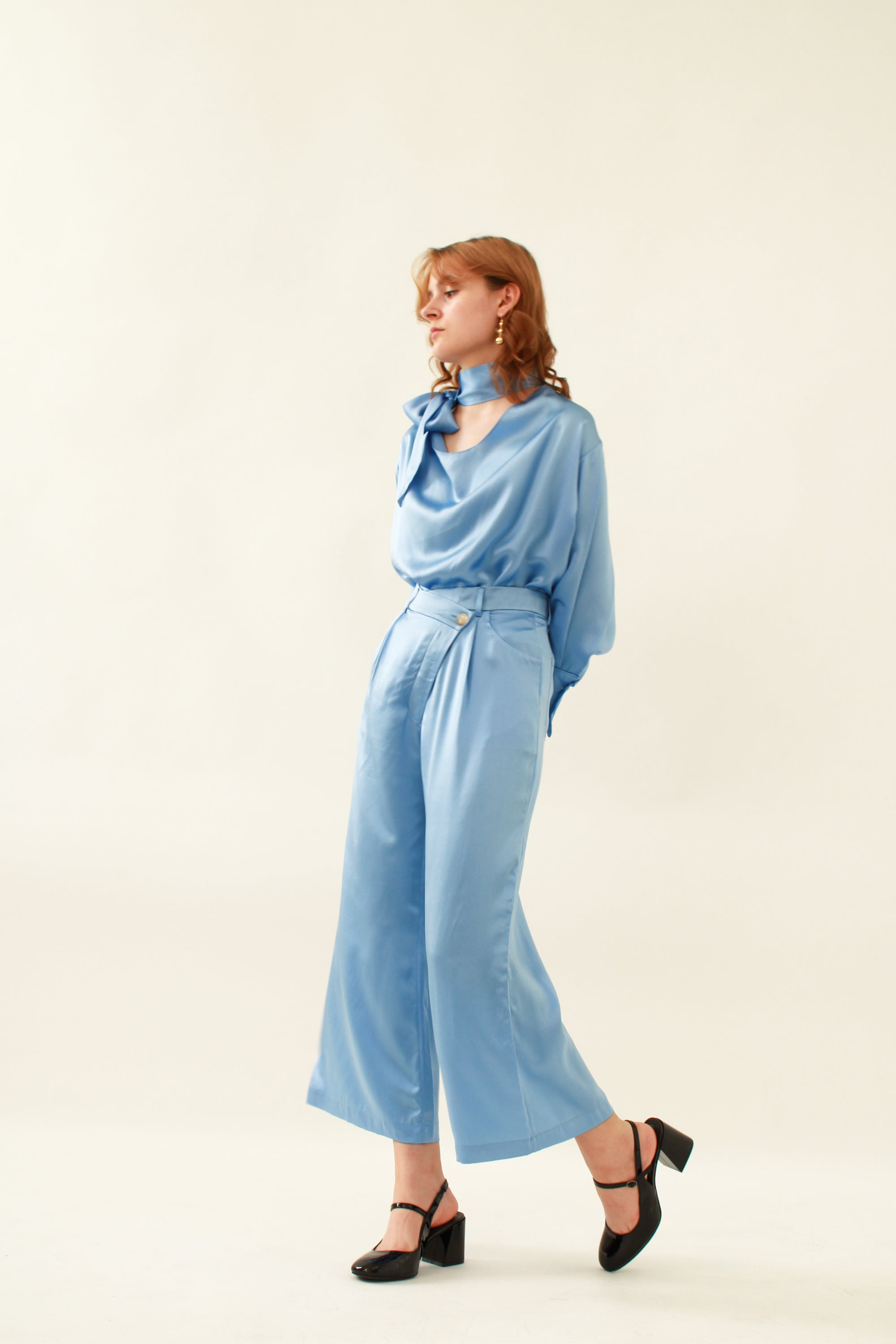 100% Silk Full Length Trousers - Blue