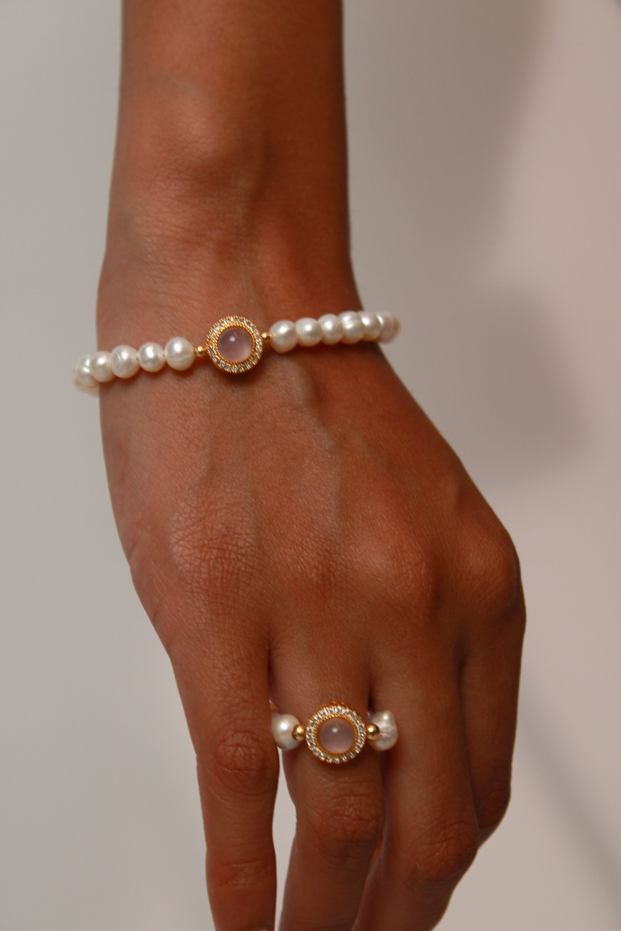 Pink Chalcedony and Pearl Ring