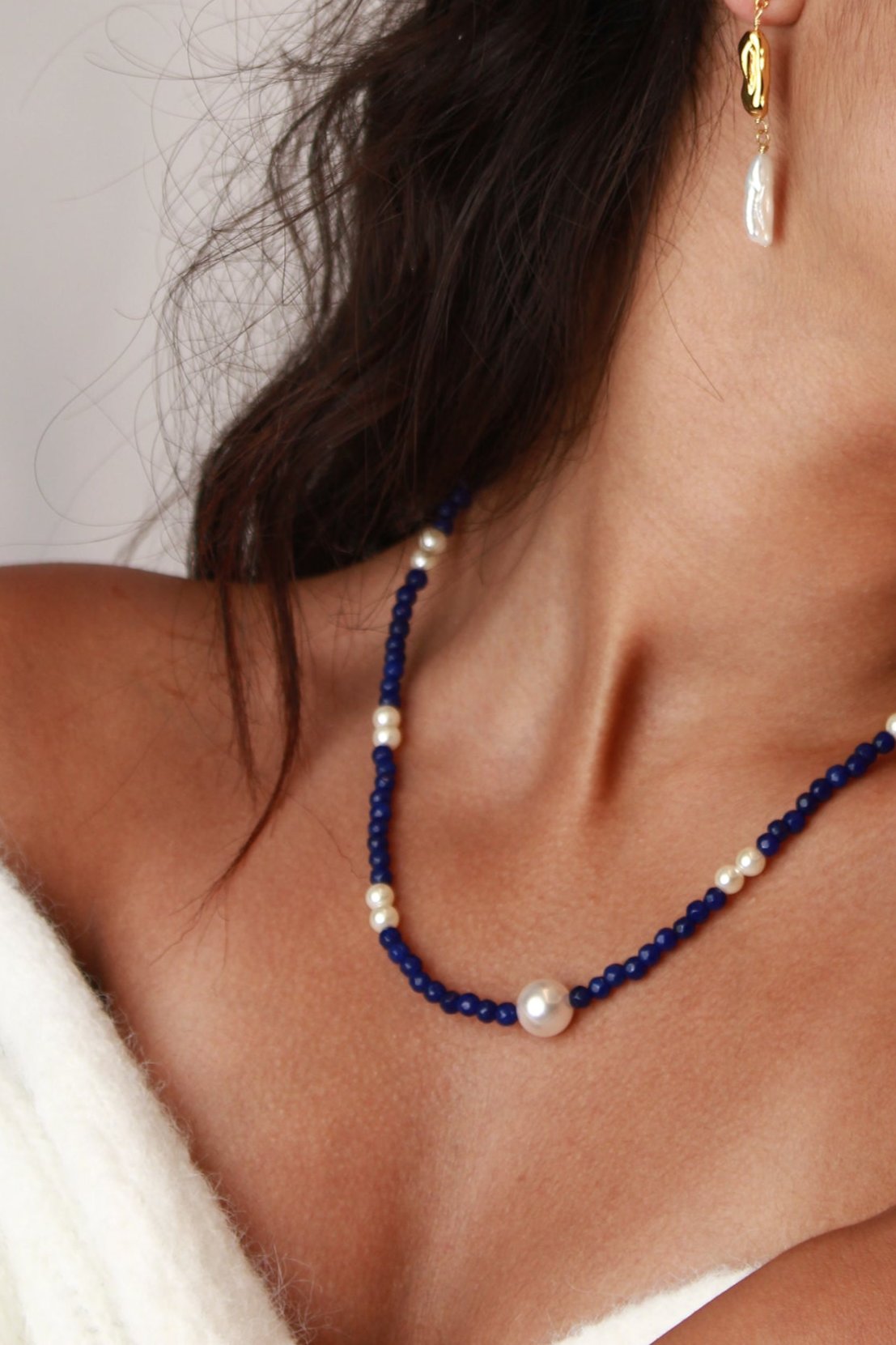 Turquoise and Pearl  Necklace - Navy