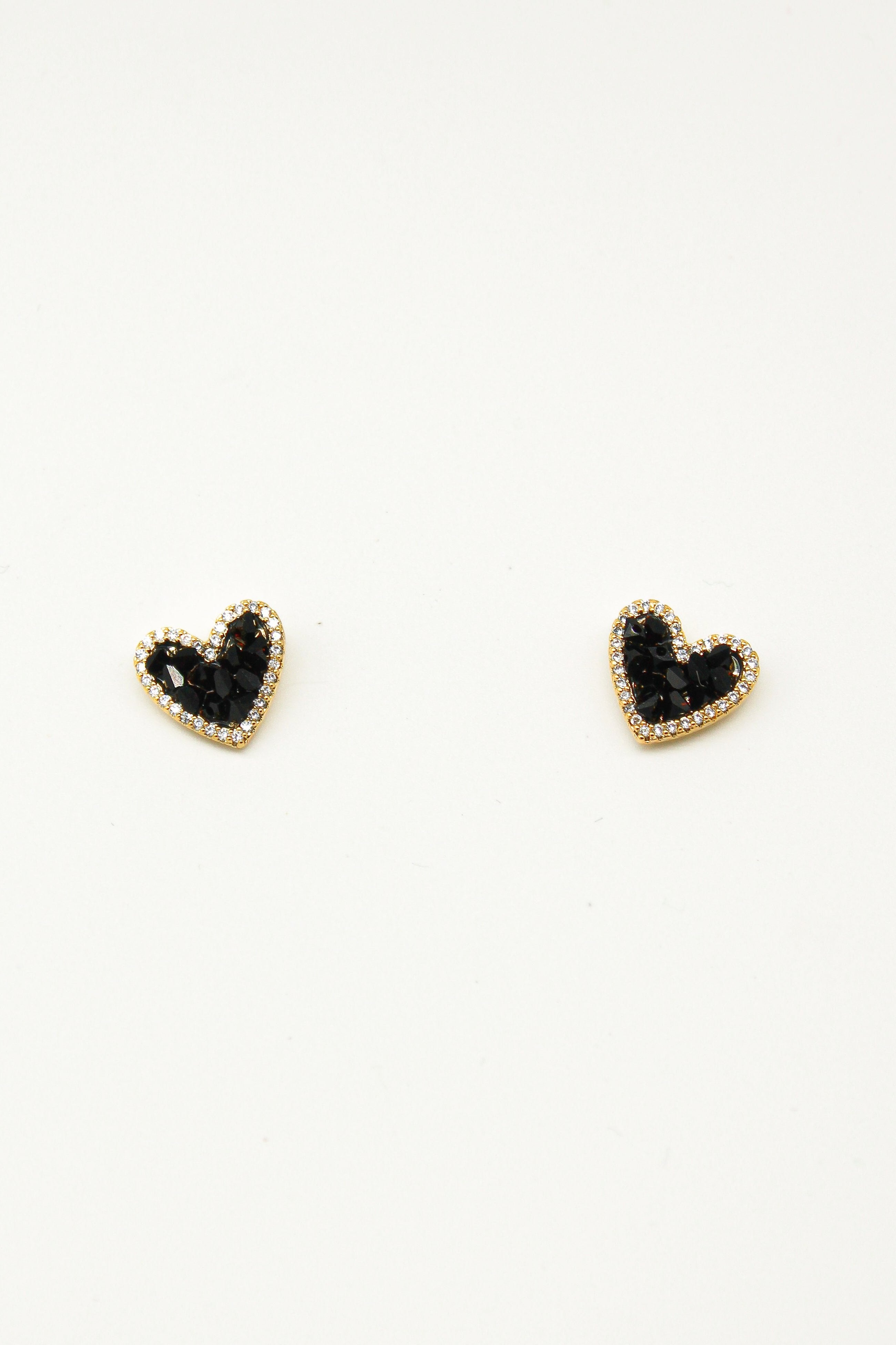 Crystal Heart Stud Earrings - Black