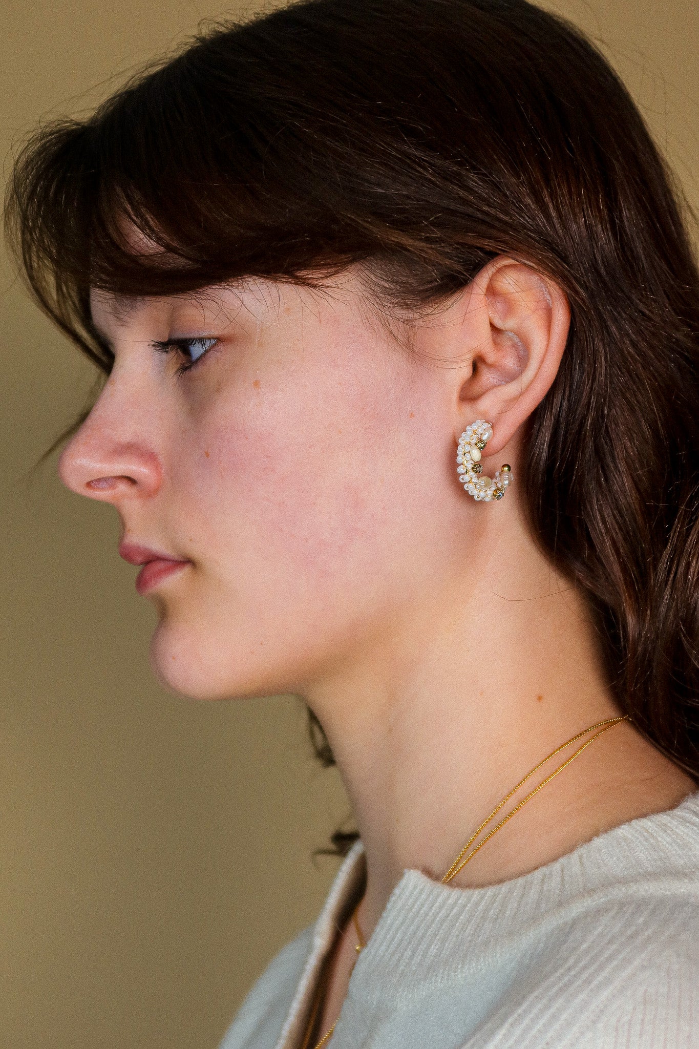 White Mini Beading and Pearl Hoop Earrings